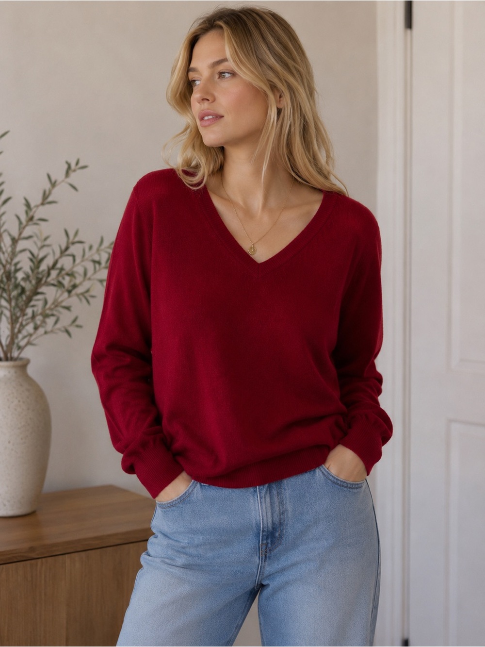 Vintage Pringle Luxury Cashmere V-Neck Sweater – Rich Red | Size Medium